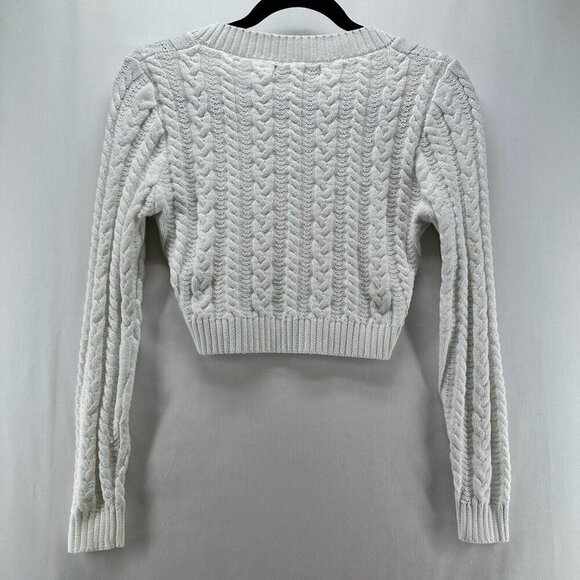 Love Tree Cropped Sweater Women Sz S Cable Knit Pullover V-Neck Minimalist White - Picture 2 of 11